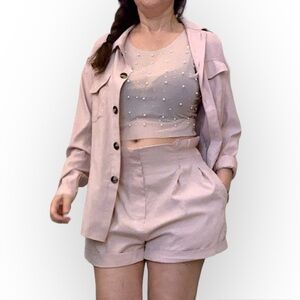 Simplee Blush pink Set, buttondown shirt and paperbag Shorts, lightweight, L